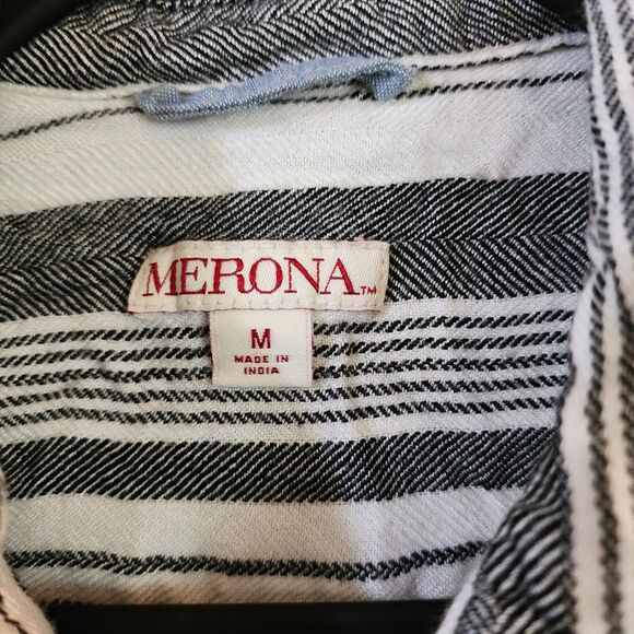 Merona Womens Knit Top Size M White Black Striped Long Sleeve Button Down - Picture 5 of 9
